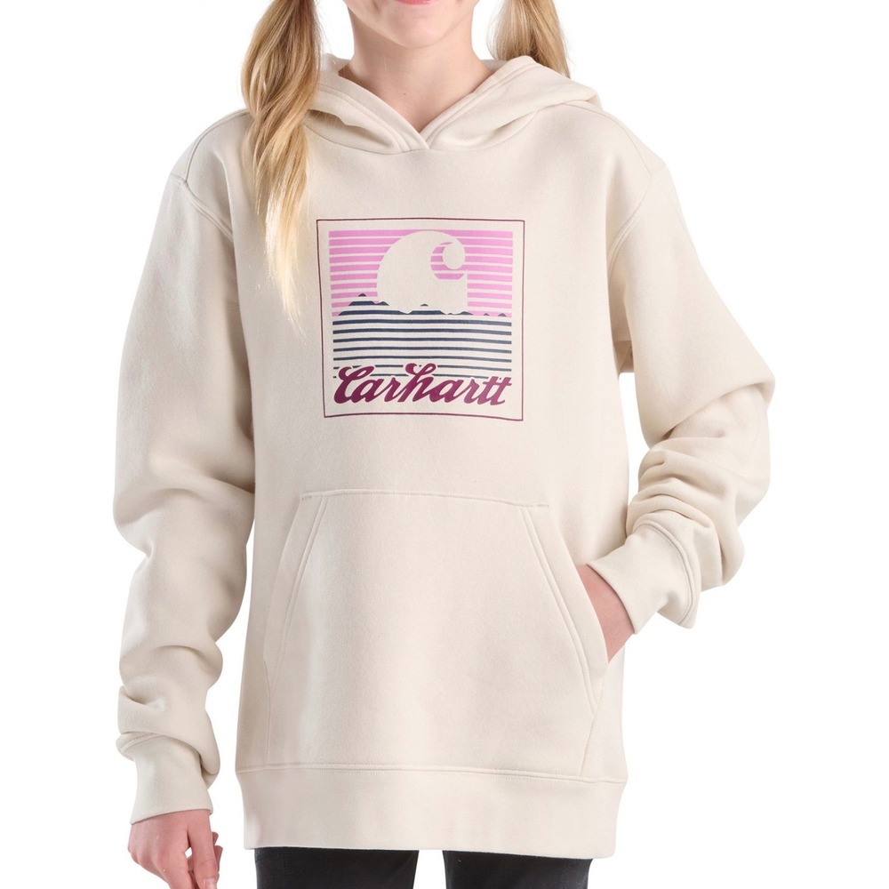 Carhartt Girls Cream Fleece Hooded Sweatshirt Mountain Graphic Hoodie Sz XL